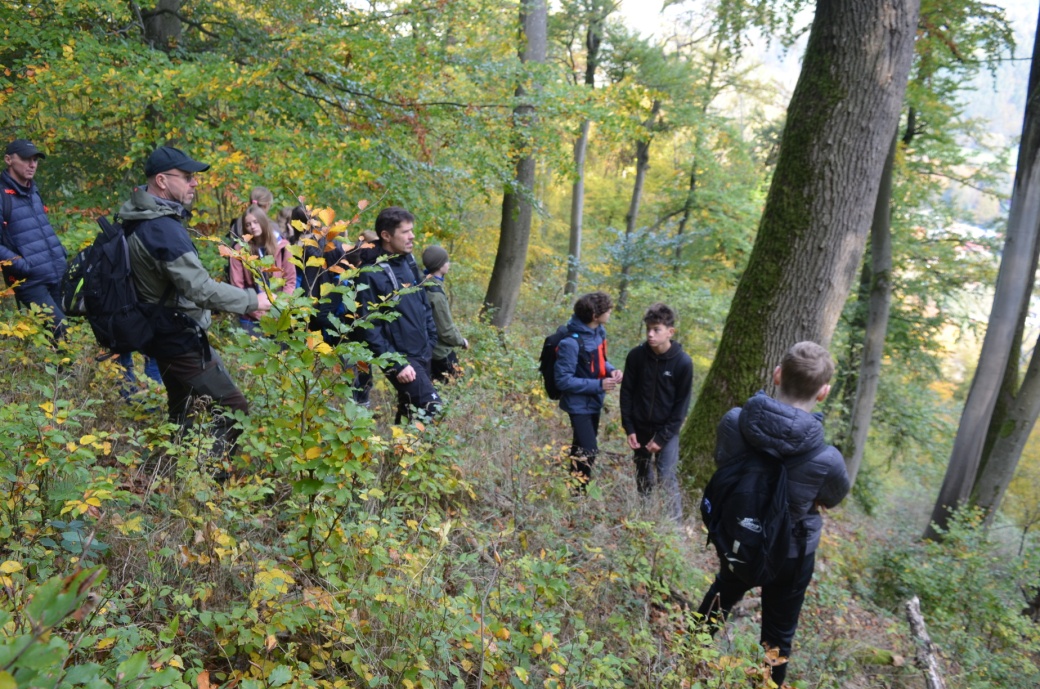 Studenti s průvodcem v lese.